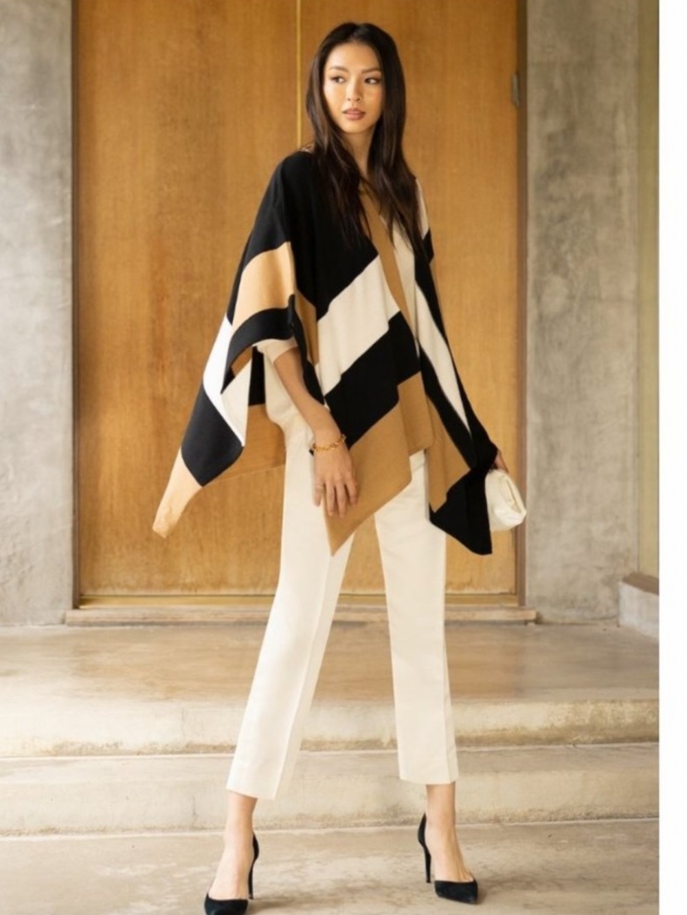 Parrish LA Colorblock Draped Poncho Cardigan in Black, Cream & Tan NEW